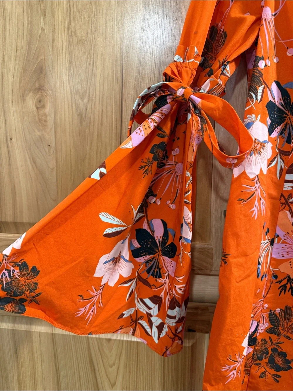 Free People Lover of Mine Orange Floral Botanical V-Neck Tie-Sleeve Mini Dress